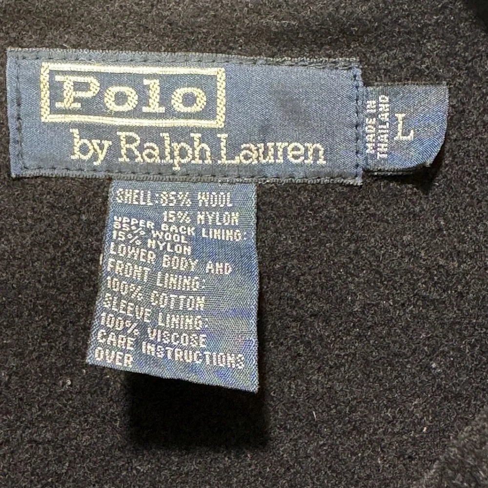 VTG Polo Ralph Lauren Wool Coat Men‎ L Black Pea Coat Full Zip Lined Snap Vent